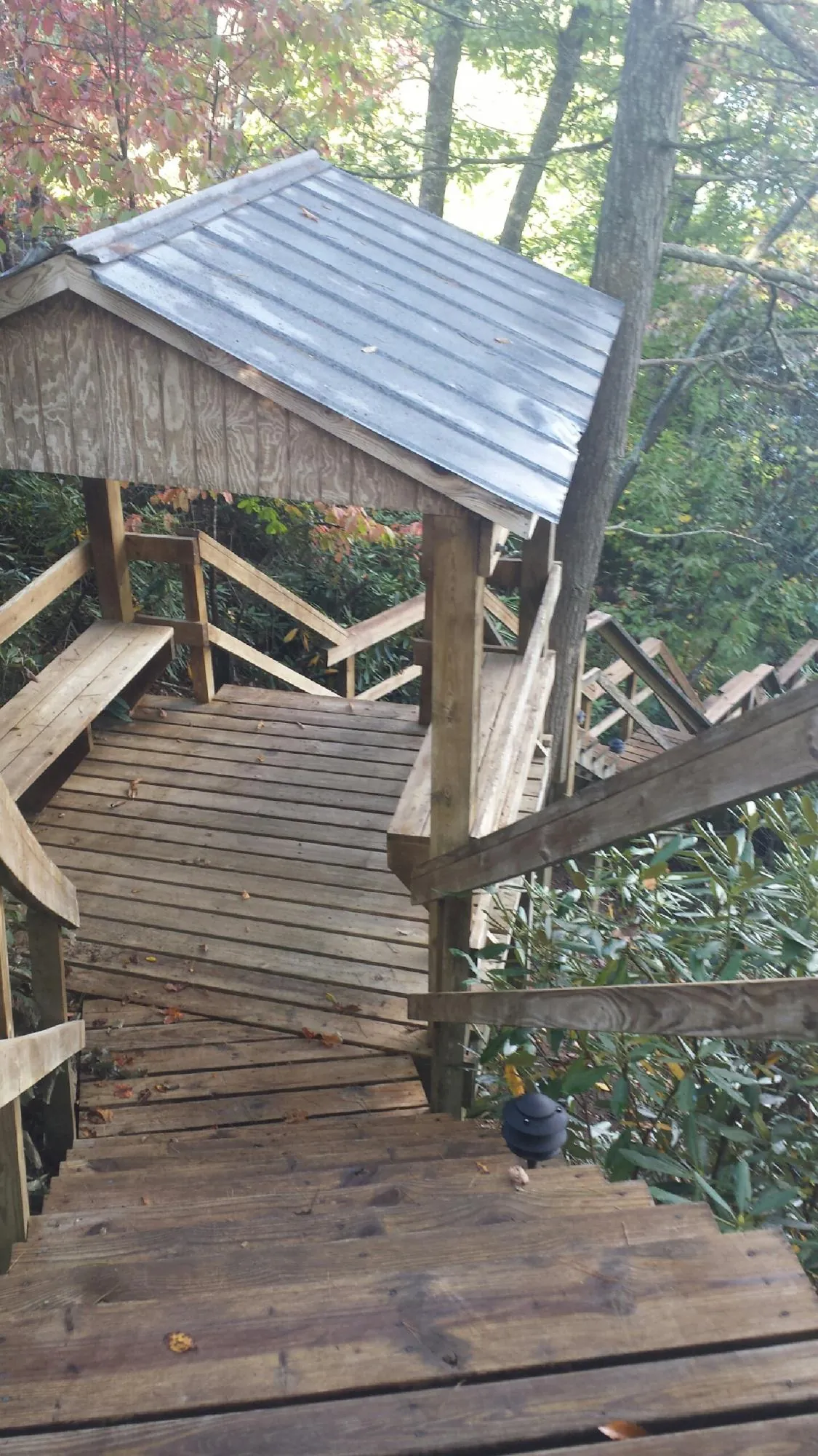 Metal roofed shelter over wooden steps on a wooded walkway — Skylight Repair & Installation work by our crew in Eads